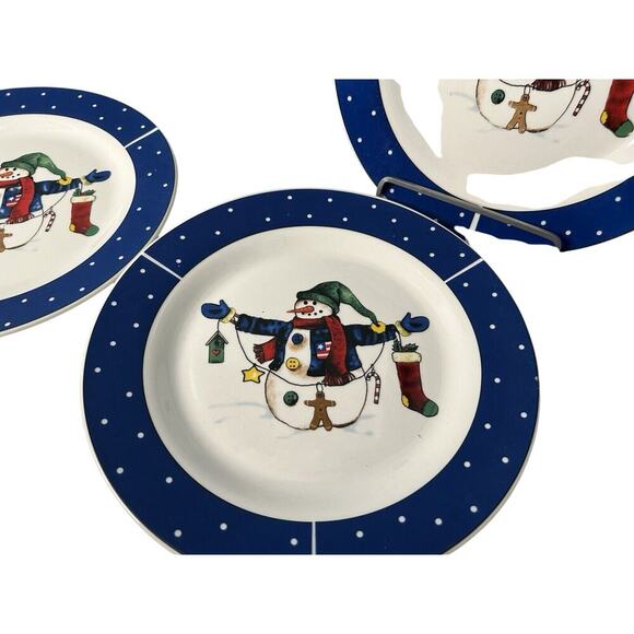 Set of 3 Today's Living 10 1/2” Christmas Snowman Blue Rim Dinner Plates Winter - Picture 3 of 10